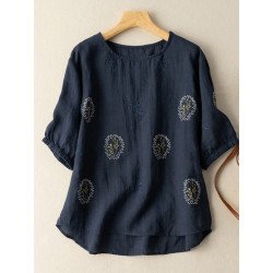 Leisure Embroidered Ruched Round Neck Short Sleeve Cotton Blouse