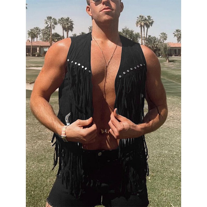 Mens Fringe Detail Front Open Waistcoat