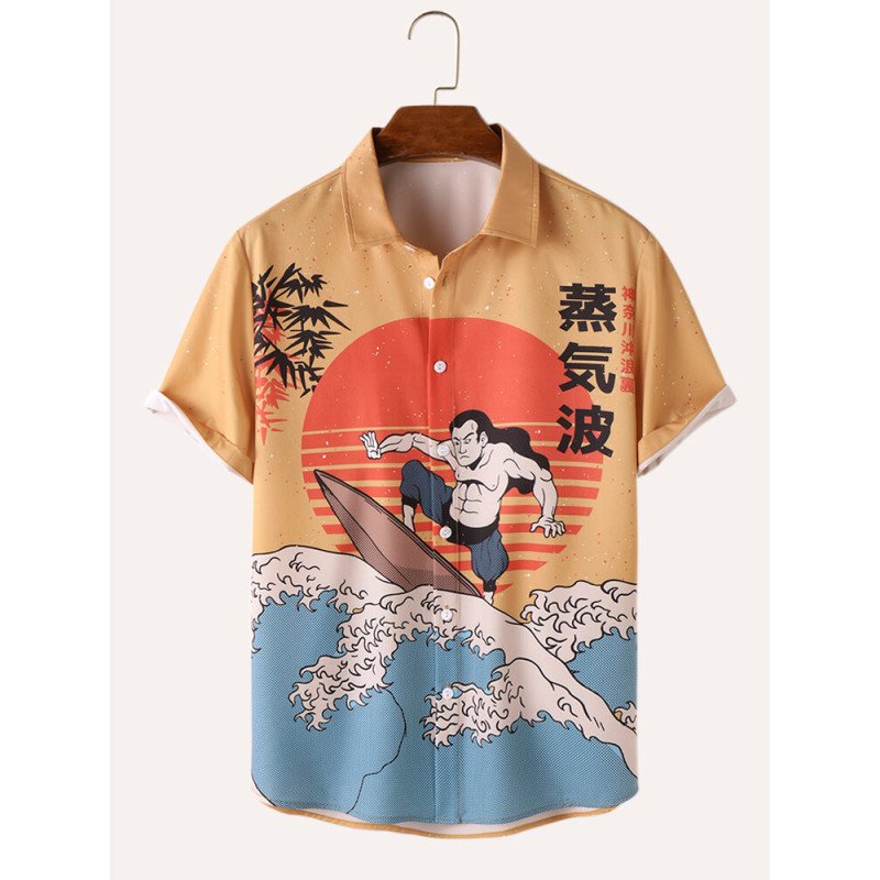 Mens Figure Wave Ukiyoe Print Japanese Style Short Sleeve Shirts