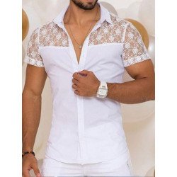 Plus Size Mens Floral Lace Stitching Casual Short Sleeve Shirts