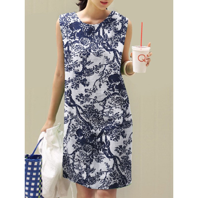 Allover Plants Print Sleeveless Crew Neck Vintage Dress