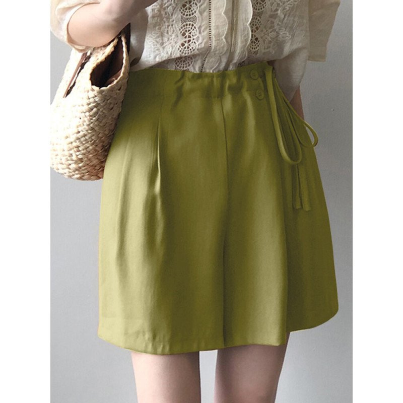 Solid Drawstring Waist Pocket Wide Leg Casual Shorts