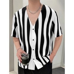Mens Wave Striped V-Neck Casual Short Sleeve Shirt