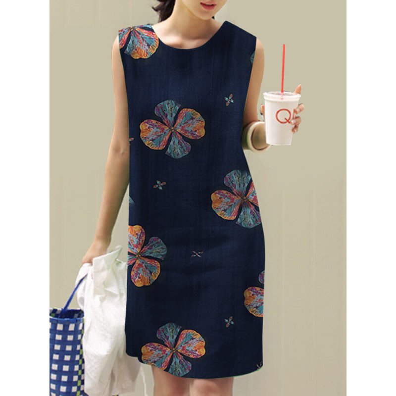 Women Flower Print Sleeveless Crew Neck Vintage Dress