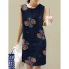 Women Flower Print Sleeveless Crew Neck Vintage Dress