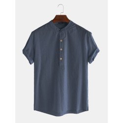 Men Cotton Linen Retro Solid Casual Henley Shirt