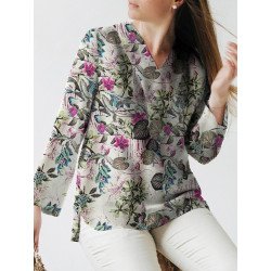 Plants Print V-neck Slit Hem Long Sleeve Women Blouse