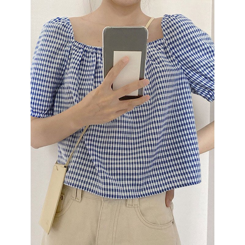Check Print Puff Sleeve Square Collar Casual Blouse
