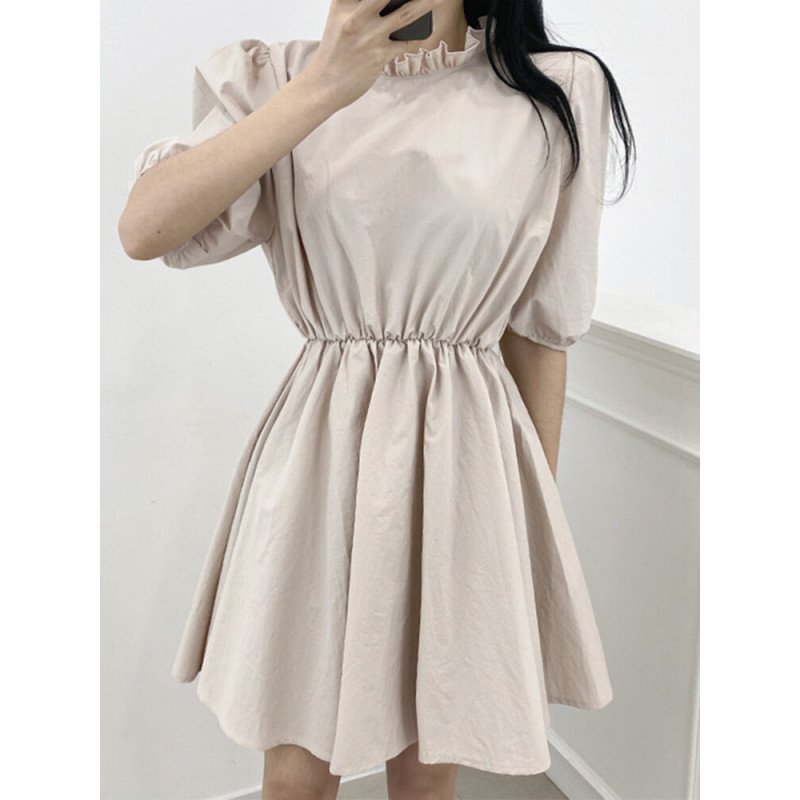 Solid Puff Sleeve A-line Keyhole Back Ruffle Dress