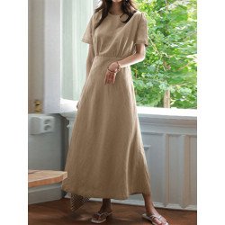 Leisure Solid Elastic Waist Short Sleeve Casual Maxi Dress