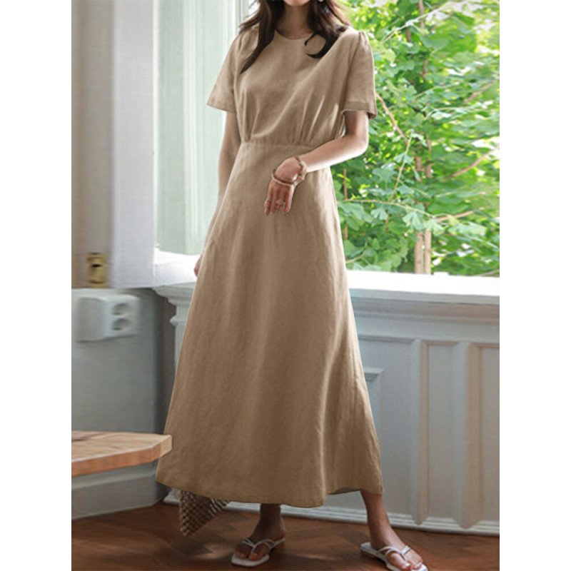 Leisure Solid Elastic Waist Short Sleeve Casual Maxi Dress
