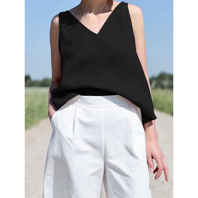 Solid V-neck Sleeveless Casual Cotton Tank Top For Women