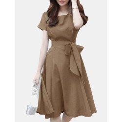 Solid A-line Short Sleeve Crew Neck Dress With Belt