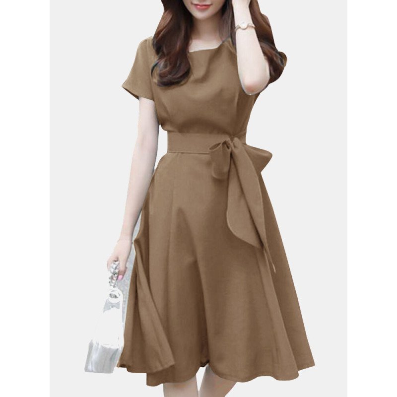 Solid A-line Short Sleeve Crew Neck Dress With Belt