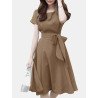 Solid A-line Short Sleeve Crew Neck Dress With Belt
