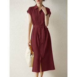 Solid Button Front Lapel Short Sleeve Shirt Dress With Belt