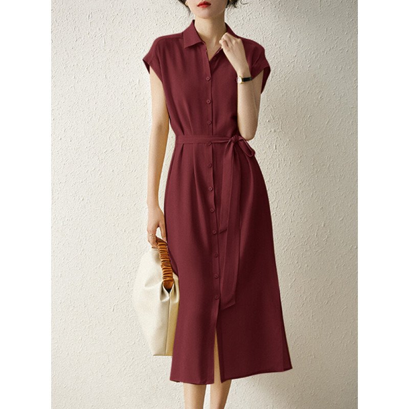 Solid Button Front Lapel Short Sleeve Shirt Dress With Belt