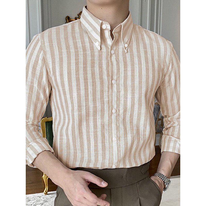 Mens Striped Button Down Collar Long Sleeve Shirt