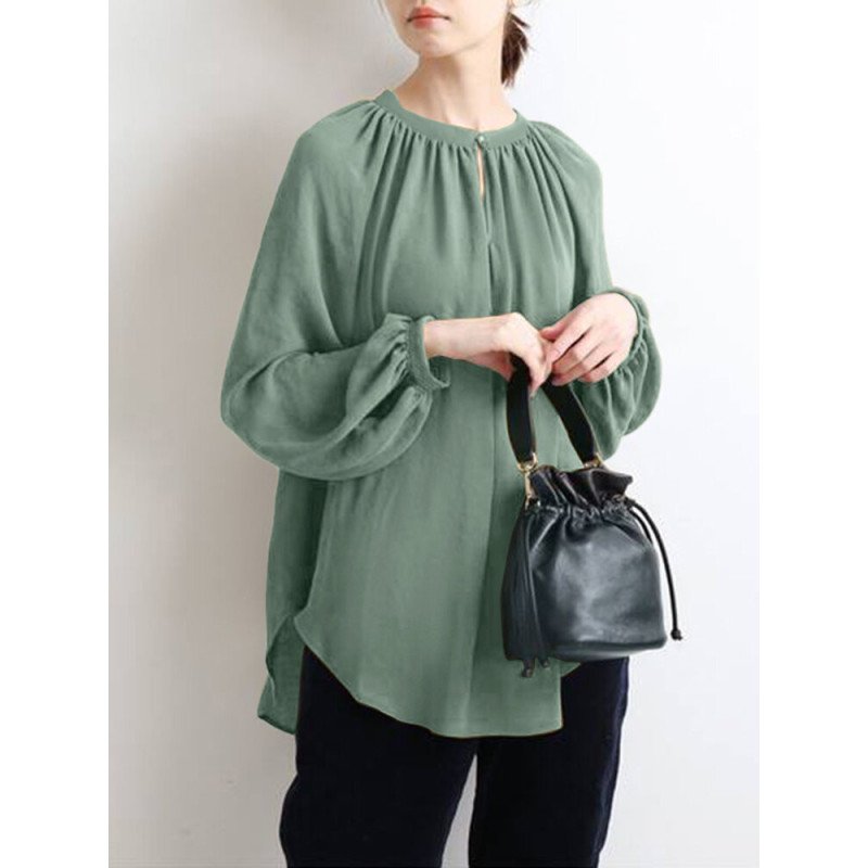 Solid Long Sleeve Round Neck Casual Blouse