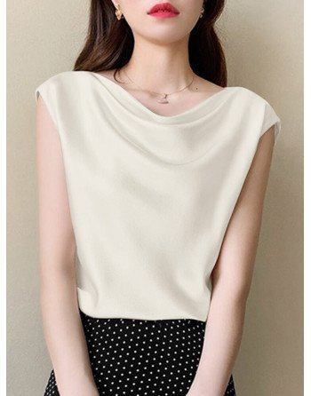 Solid Cowl Neck Satin Short Sleeve Blouse For Women