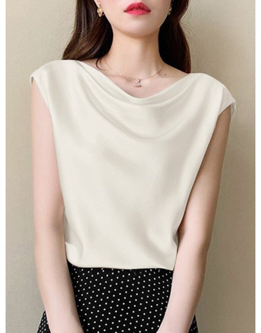 Solid Cowl Neck Satin Short Sleeve Blouse For Women