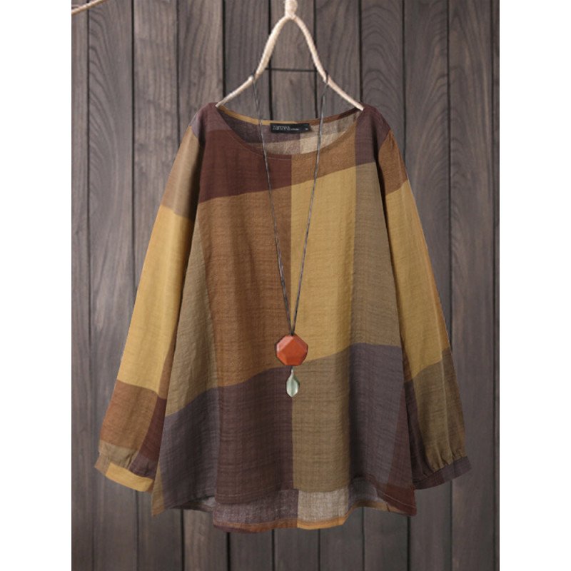 Plaid Print O-neck Long Sleeve Asymmetrical Blouse for Women