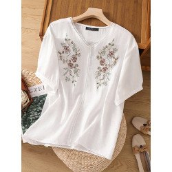 Women Floral Embroidered V-Neck Casual Short Sleeve Blouse