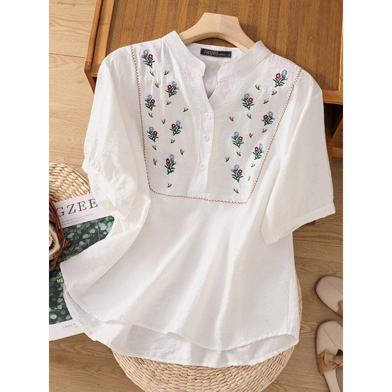 Women Floral Embroidered Stand Collar Half Button Short Sleeve Shirt