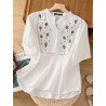 Women Floral Embroidered Stand Collar Half Button Short Sleeve Shirt