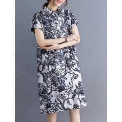 Plants Print Lapel Button Short Sleeve Dress