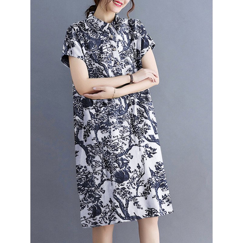 Plants Print Lapel Button Short Sleeve Dress