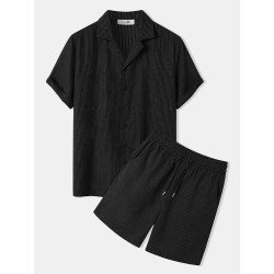 Mens Pinstripe Revere Collar Button Up Casual Two Pieces Outfits