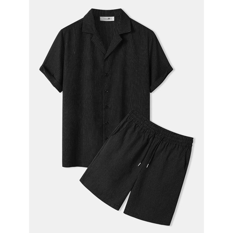 Mens Pinstripe Revere Collar Button Up Casual Two Pieces Outfits