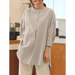 Solid High-low Hem Loose Long Sleeve Blouse