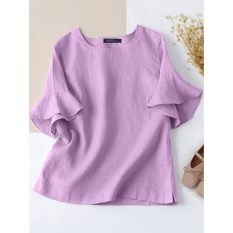 Solid Ruffle Half Sleeve Split Round Neck Casual Cotton Blouse