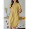 Solid Button Short Sleeve Lapel Cotton Pocket Dress