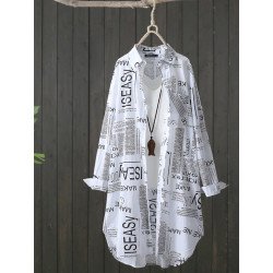 Letters Print Pocket Button Long Sleeve Lapel Loose Blouse