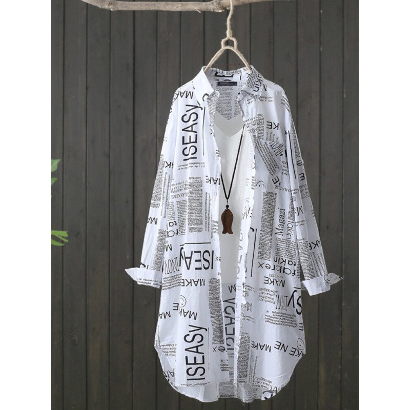 Letters Print Pocket Button Long Sleeve Lapel Loose Blouse
