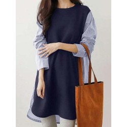 Stripe Stitch Long Sleeve O-neck Casual Blouse for Women