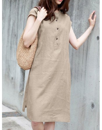 Solid Button Short Sleeve Crew Neck Dress With Belt
