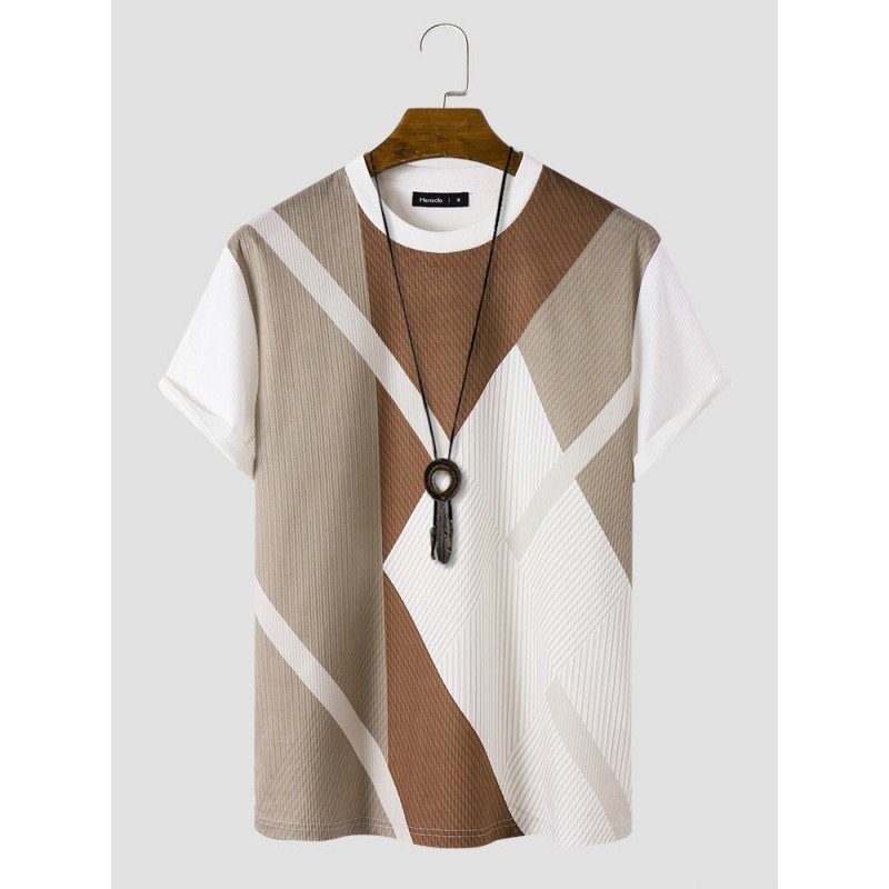 Mens Irregular Color Block Striped Crew Neck Short Sleeve T-Shirts
