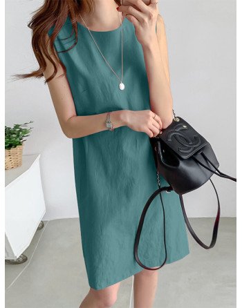 Solid Sleeveless O-neck Cotton Dress