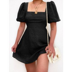 Solid Square Collar Puff Sleeve Casual Cotton Midi Dress