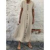 Women Plain Texture Button Front Cotton Short Sleeve Dress