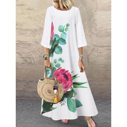 Women Flower Print Crew Neck 3/4 Sleeve Dress
