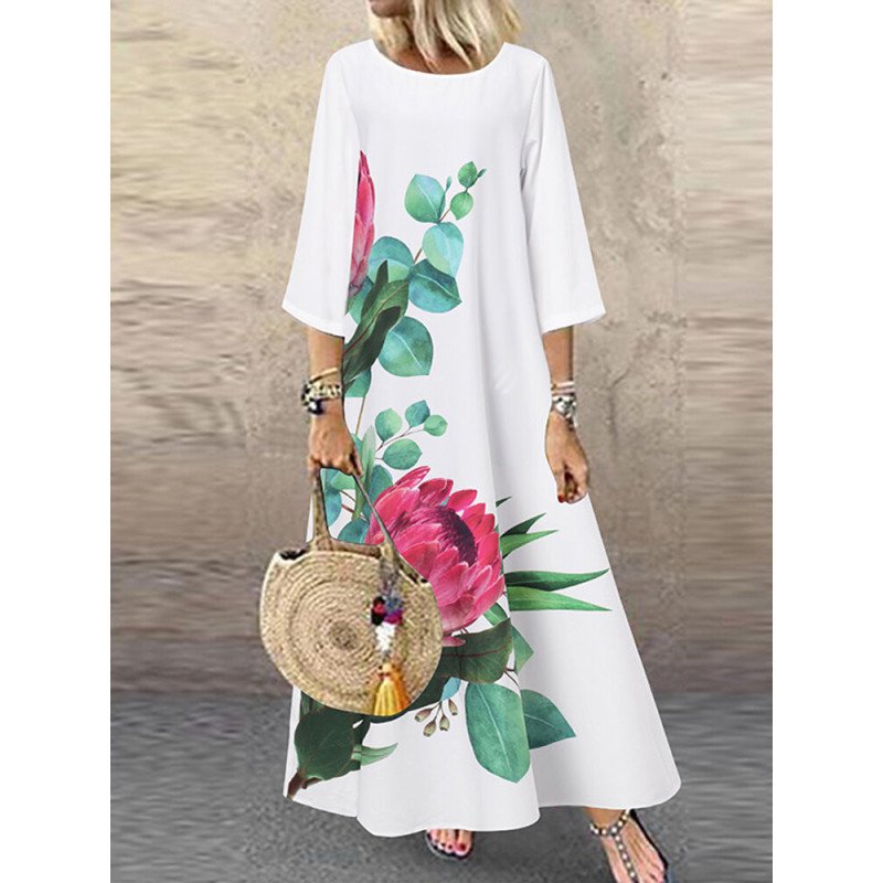 Women Flower Print Crew Neck 3/4 Sleeve Dress