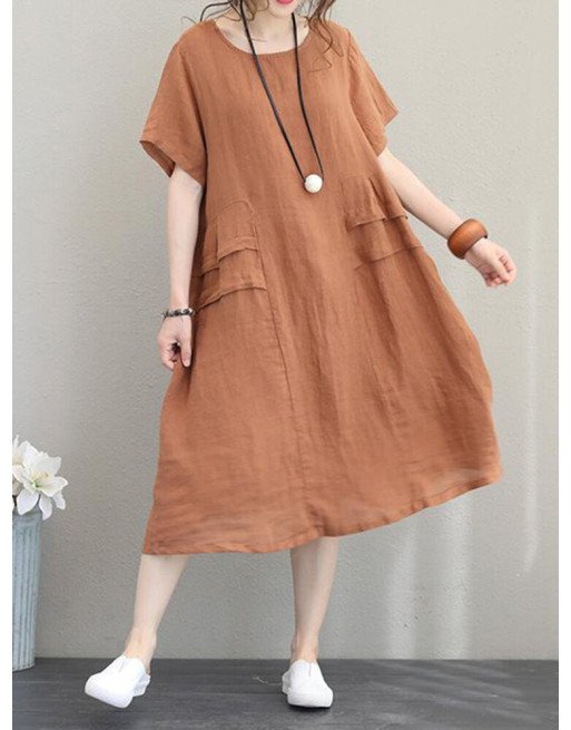 Crew Neck Short Sleeve Soild Color Casual Dress