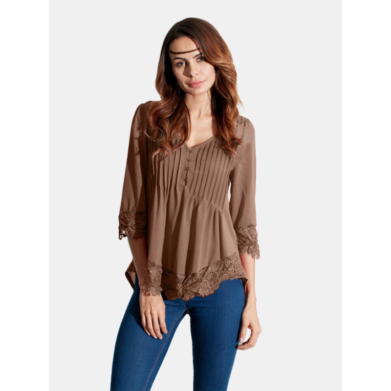 Sexy V Neck Lace Crochet 3/4 Sleeve Slim Blouse for Women