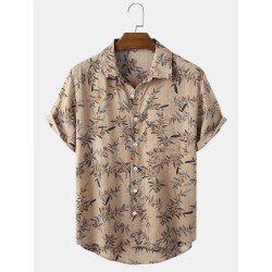 Mens Vintage Plant Printed High Low 100% Cotton Short Sleeve Shirts