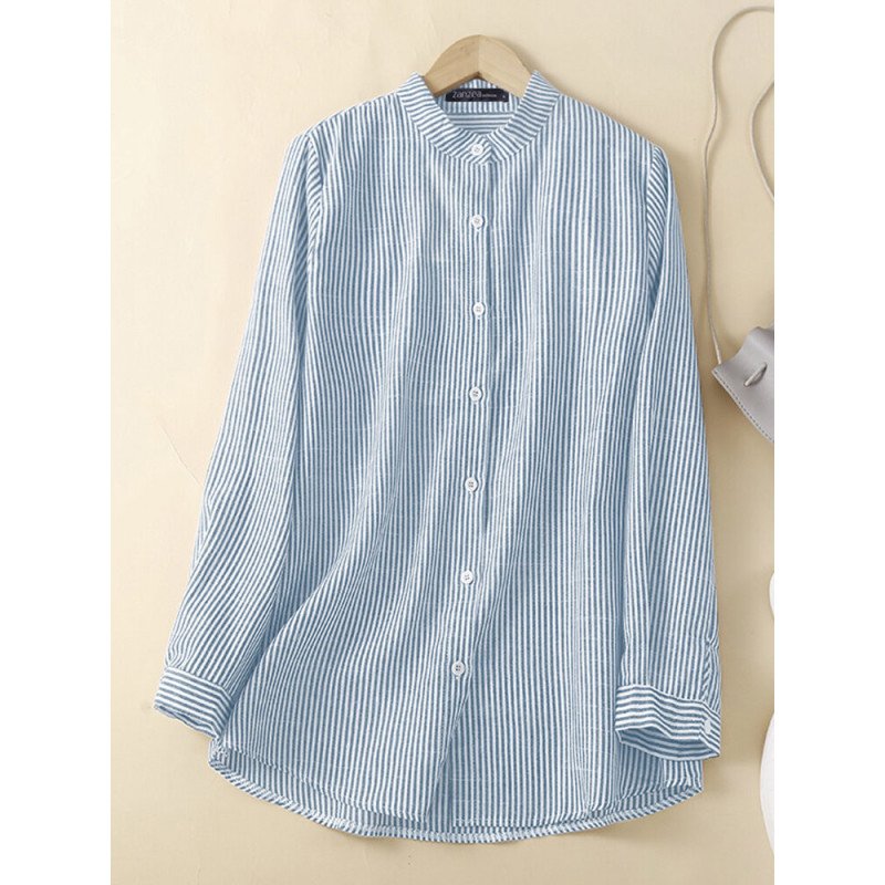 Stripe Pattern Long Sleeve Stand Collar Casual Blouse